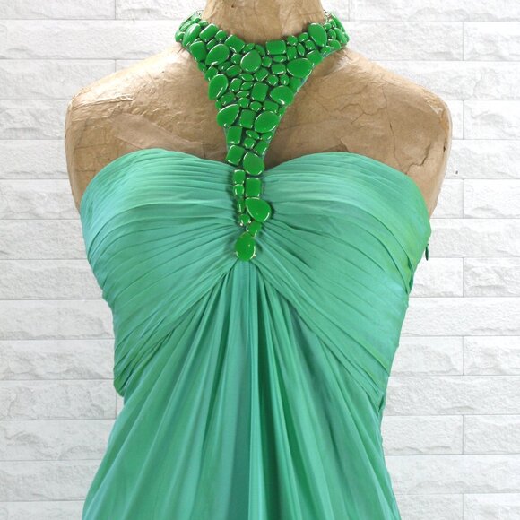 ANAISS Gown Prom Formal Dress Irridescent Stone Choker Cut Out Halter Green 8 - Picture 2 of 15